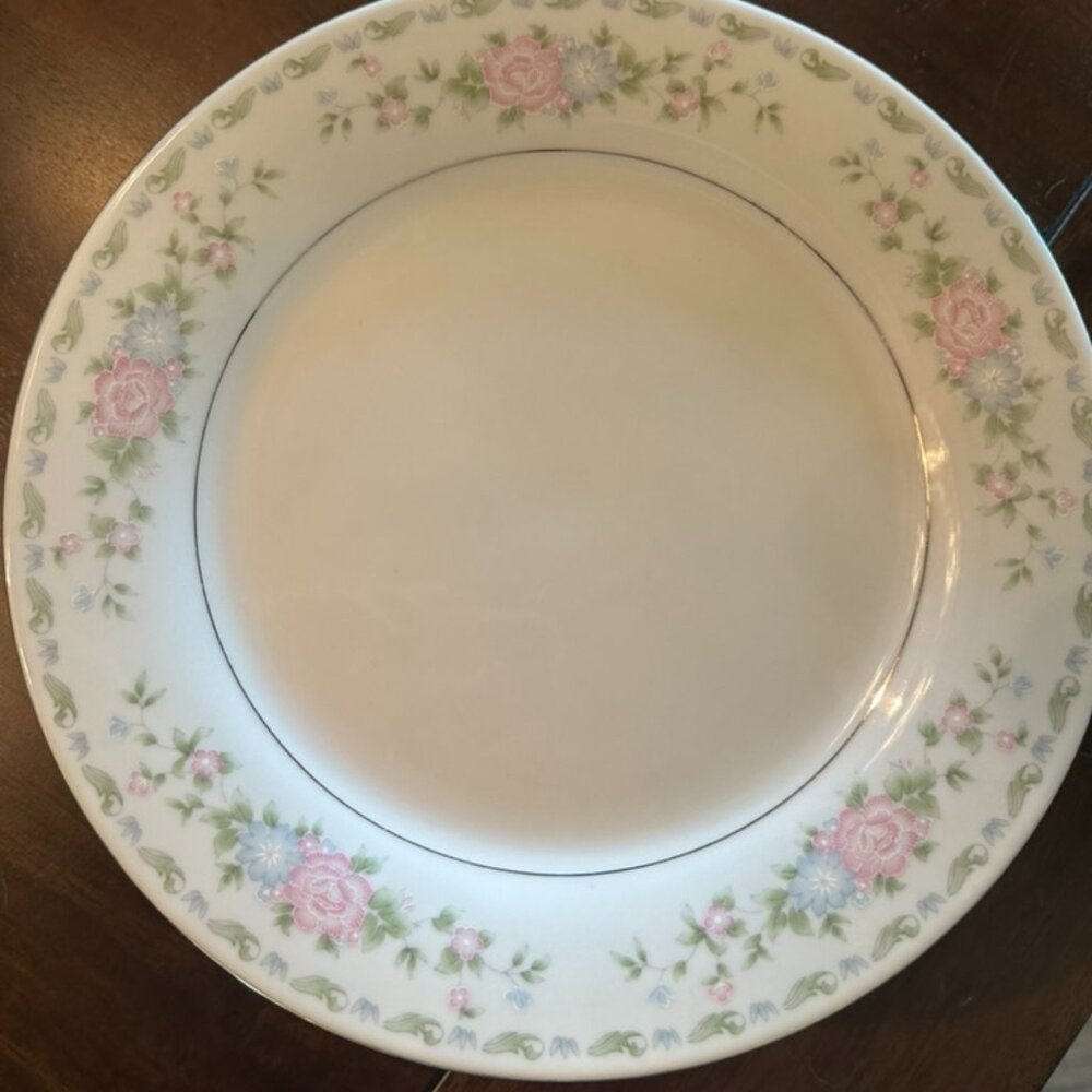 8 VTG CAC Dinner Plates 10.5” HELEN Pink & Blue Florals Platinum Rim Set Of 8